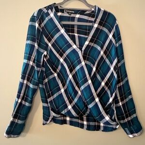 Express Blue Plaid Crossover Blouse